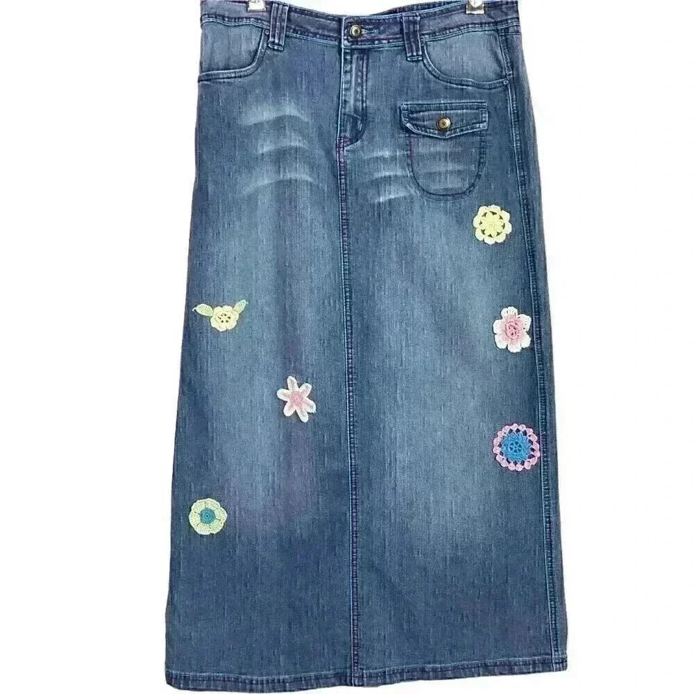 Crest Jeans Women 11 12 Retro 70s Denim Midi Skirt Blue Stretch Flower Power